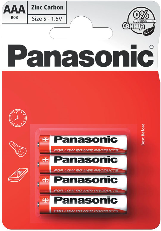 Солевые минипальчиковые батарейки Panasonic Red Zinc Carbon AAA (R03), 1.5В, 4 шт. в блистере.